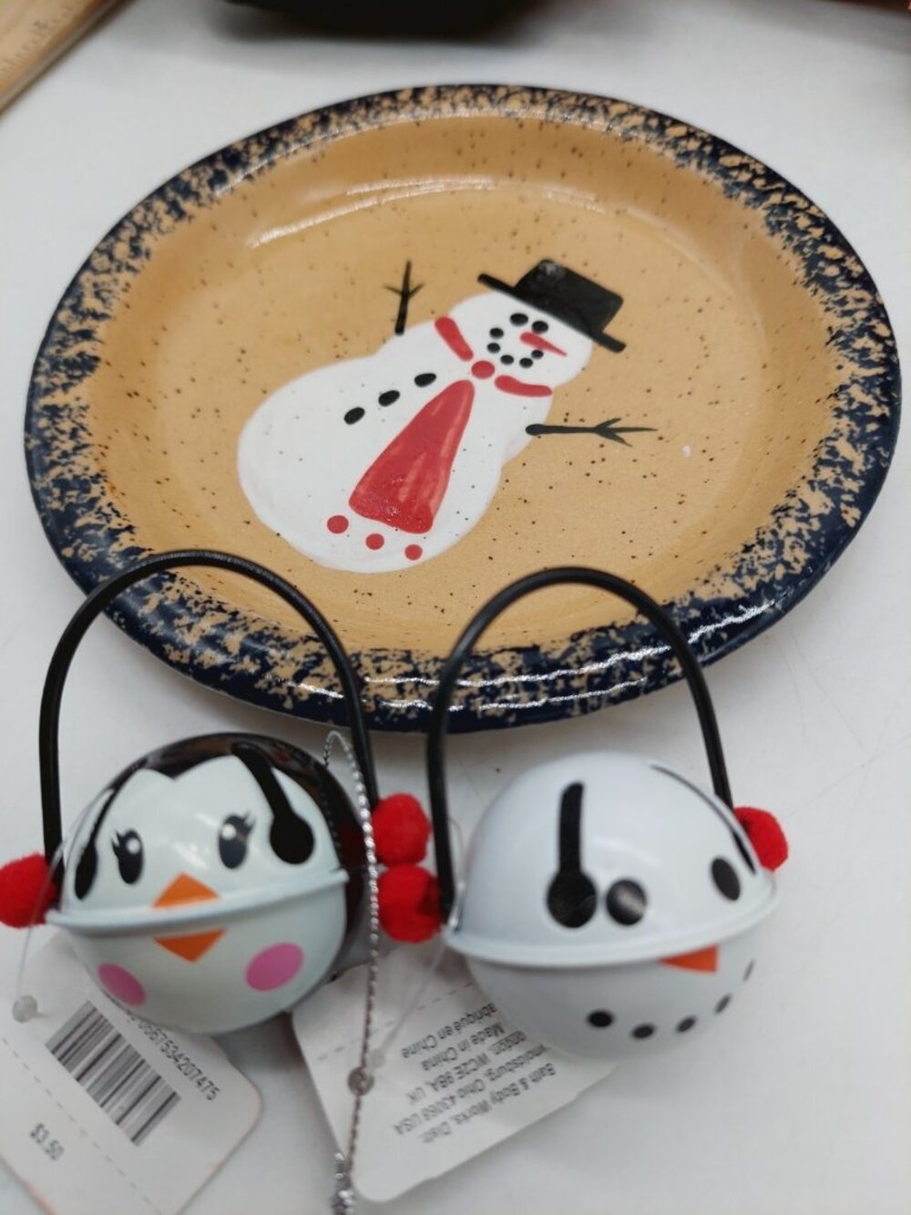Bath And Body "Holiday 1995" Snowman Spongeware Plate Trinket Dish And Bells